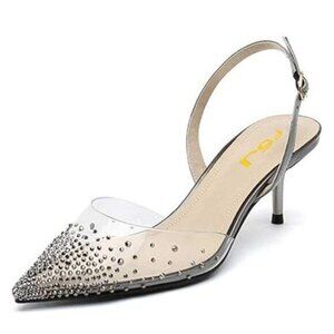 FSJ Women Crystal Studded Clear Pumps Sparkle Rhinestones Mid Low Heel Sandals